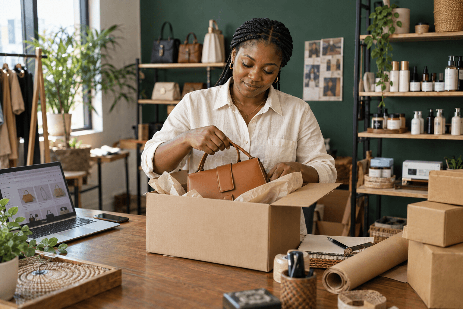 Illustrative business owner packing products for delivery