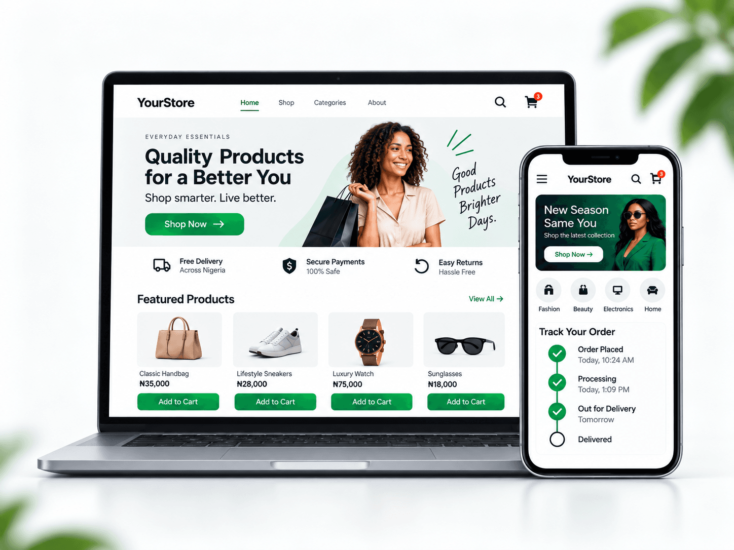 Illustrative online store with a product catalogue, naira prices and mobile order tracking